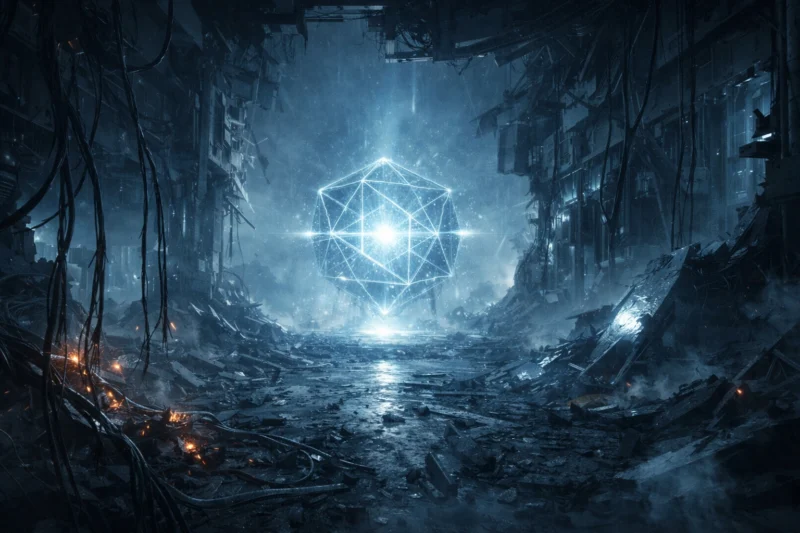 非幸福圏側の攻撃によって破壊されたデータセンターの内部のAI生成画像（創作画像）