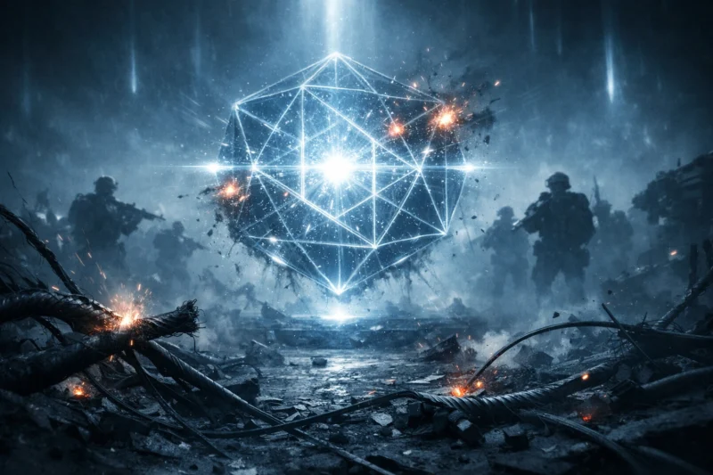 AIを象徴する光構造体を攻撃する非幸福圏側のAI生成画像(創作画像)