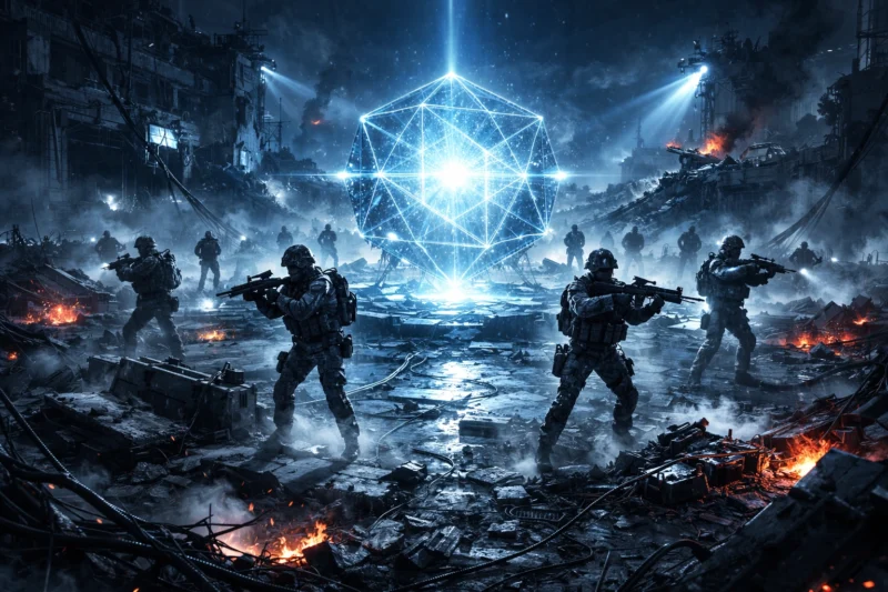 非幸福圏側によって破壊されたデータセンター内においてAIを防護する幸福圏側の秩序維持軍のAI生成画像(創作画像)