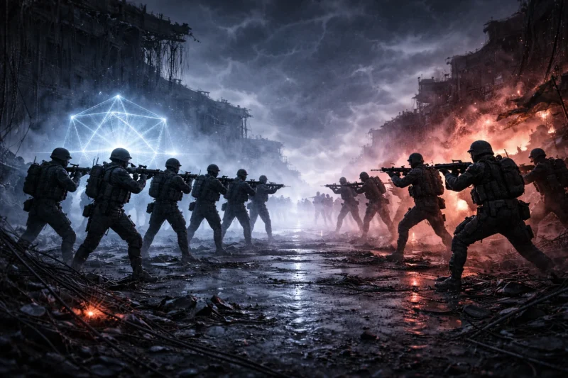 AIを象徴する光体を防護する幸福圏側の秩序維持群と対峙する非幸福圏側のAI生成画像（創作画像）