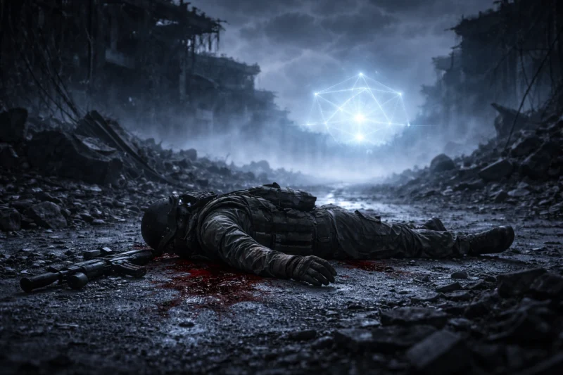 AIを象徴する光体から離れた場所における人間同士の戦闘によって倒れ血を流している兵士のAI生成画像（創作画像）
