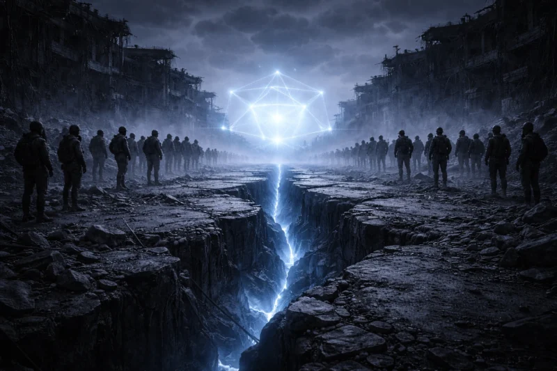 地面に走る深い亀裂の奥のAIを象徴する光構造体と左右に分かれた人影のAI生成画像（創作画像）
