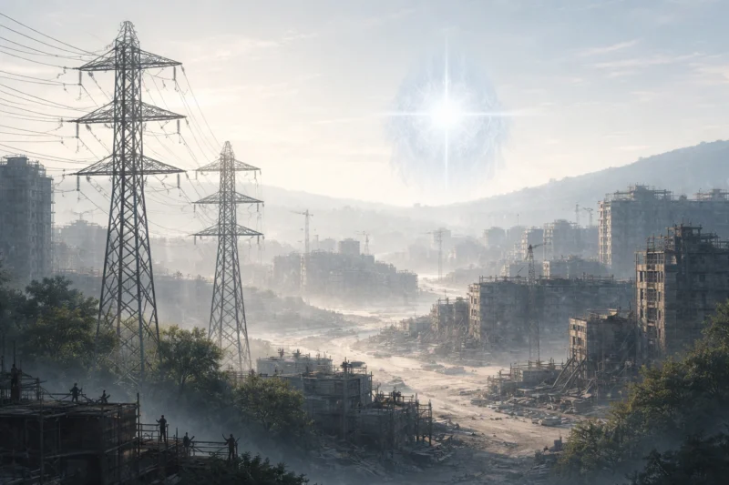 再接続された戦後都市の朝のAI生成画像（創作画像）