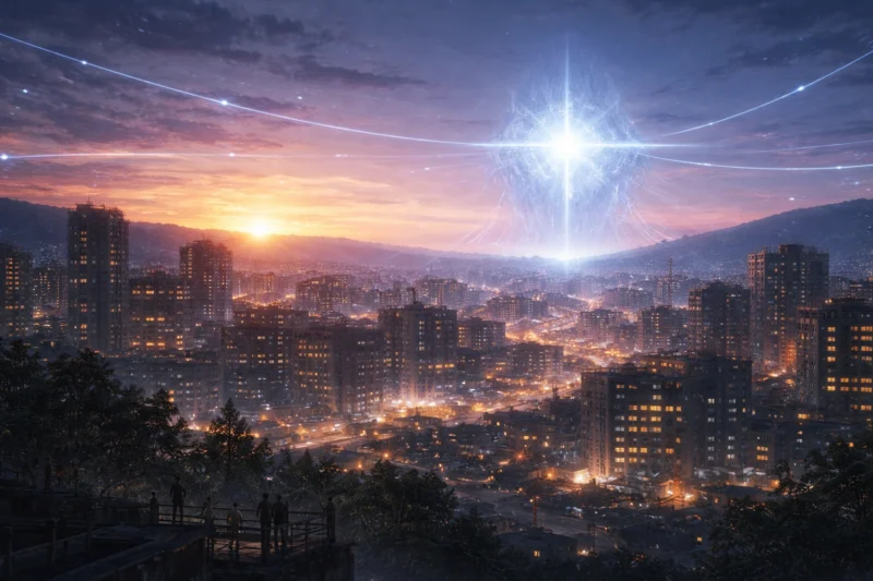 再点灯する都市の夕景のAI生成画像（創作画像）