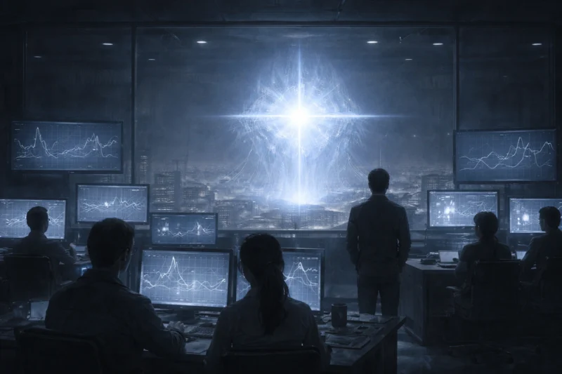 監査室に佇む光核のAI生成画像（創作画像）