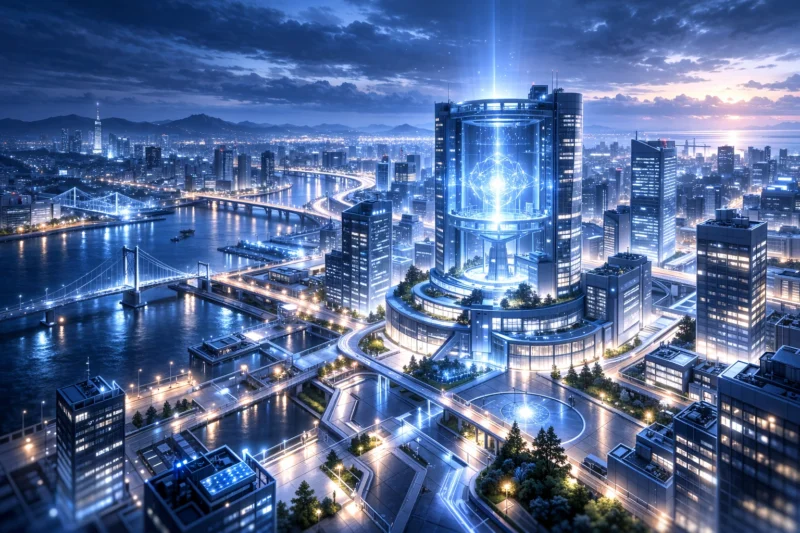 安定した都市の内部でAIが穏やかに稼働している様子のAI生成画像（創作画像）