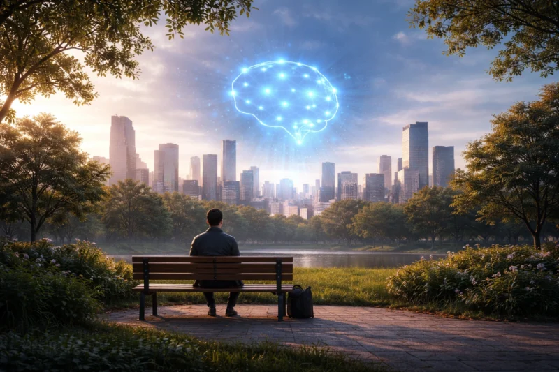 都市公園から遠くに見えるAIを象徴する青白い抽象構造体のAI生成画像（創作画像）