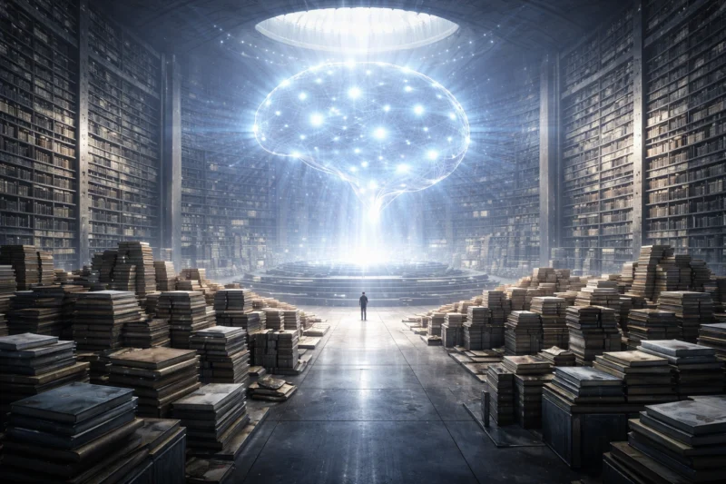 静かな書庫の中で、青白い抽象AI構造体と記録の山が並ぶAI生成画像（創作画像）