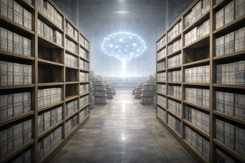 静かな書庫の中で、青白い抽象AI構造体と記録の中にある空白のAI生成画像(創作画像)