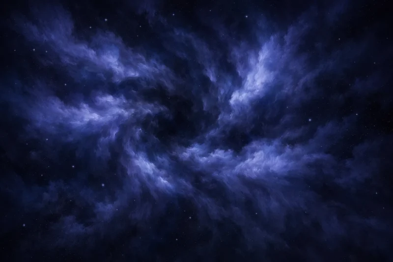 暗黒宇宙に広がる巨大ガス雲が中心へ向かう淡い流れのAI生成画像（創作画像）
