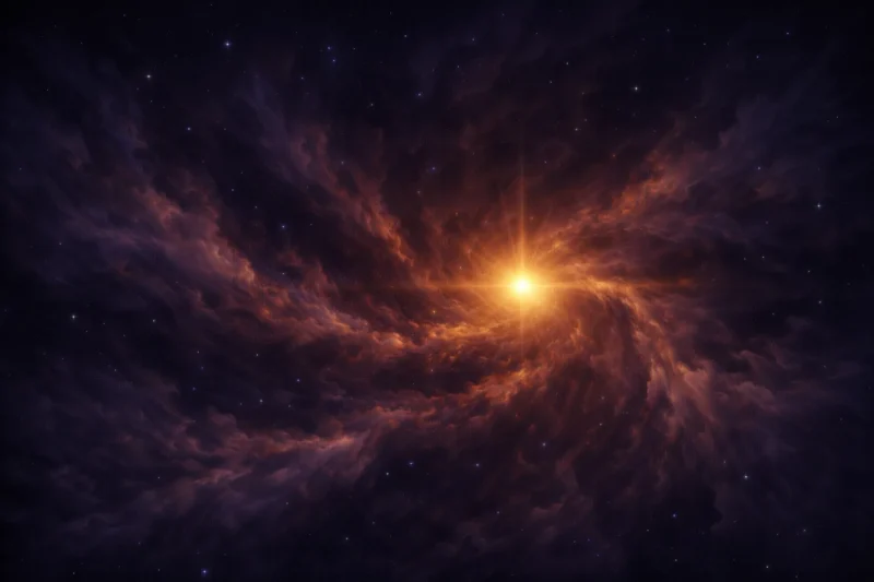 巨大ガス雲の中心で輝く宇宙最初の光。最初の恒星、ファーストスターのAI生成画像（創作画像）