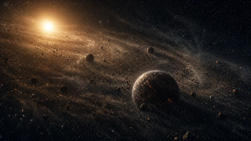 静かな恒星の光に照らされる誕生直後の岩石惑星のAI生成画像（創作画像）