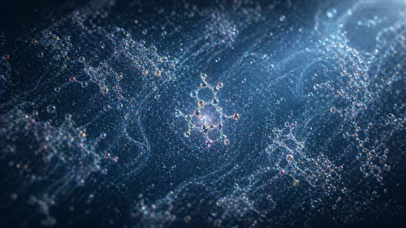 流れの中で残る有機化合物の粒子構造のAI生成画像(創作画像)