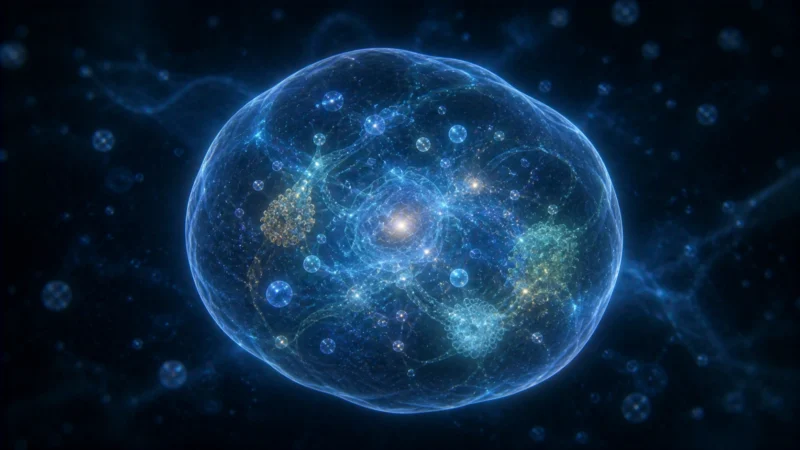 原始的な単細胞内部で機能が結びつく様子のAI生成画像（創作画像）