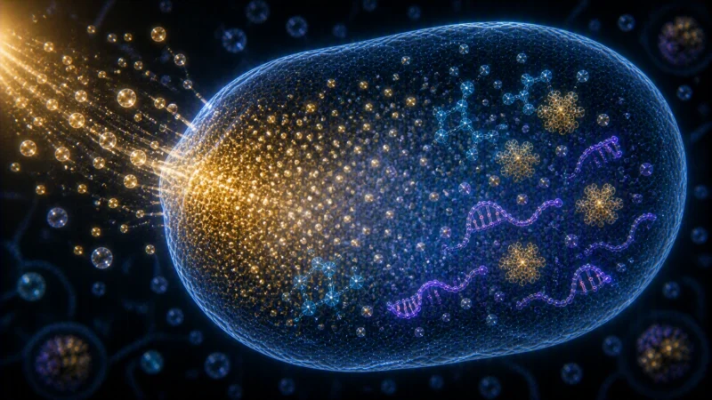 光の刺激が原始的細胞の内部へ伝わる様子のAI生成画像(創作画像)