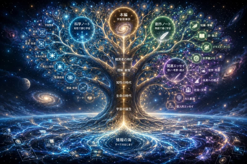 宇宙叙事詩全体構造を示す宇宙樹のAI生成画像（創作画像）