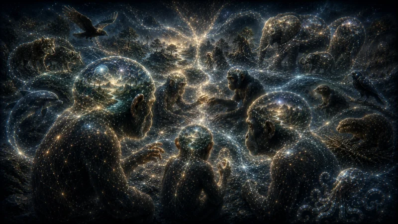 知性を共有し始める生命群のAI生成画像（創作画像）