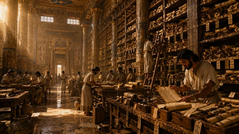 知識を分類する古代図書館のAI生成画像（創作画像）