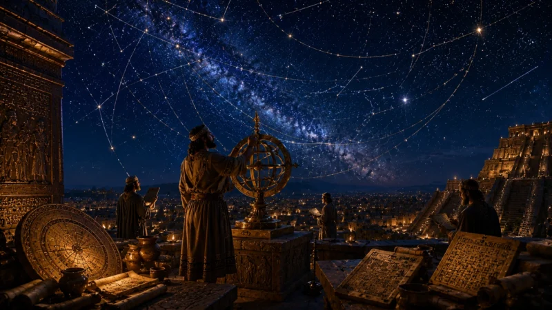 星空を観測する古代人のAI生成画像（創作画像）
