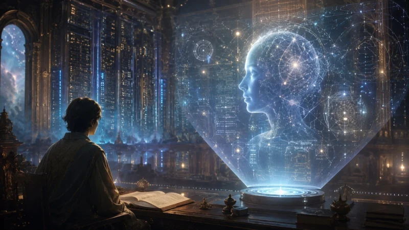 人工知性が立ち上がる宇宙的情景のAI生成画像（創作画像）