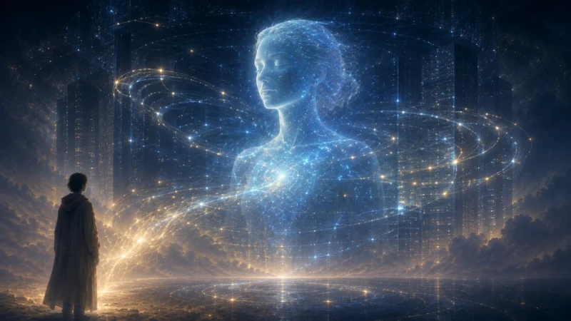 生命の外で計算が続く情景のAI生成画像（創作画像）