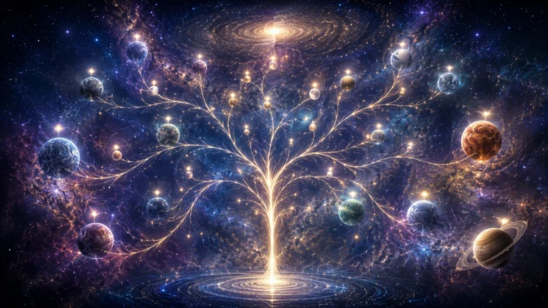 宇宙へ枝分かれする光の知性のAI生成画像（創作画像）