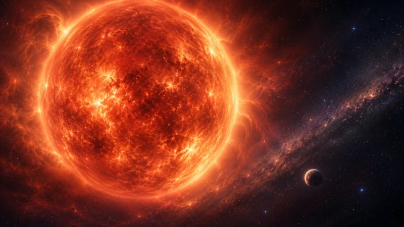 赤色巨星へ変化する恒星のAI生成画像（創作画像）