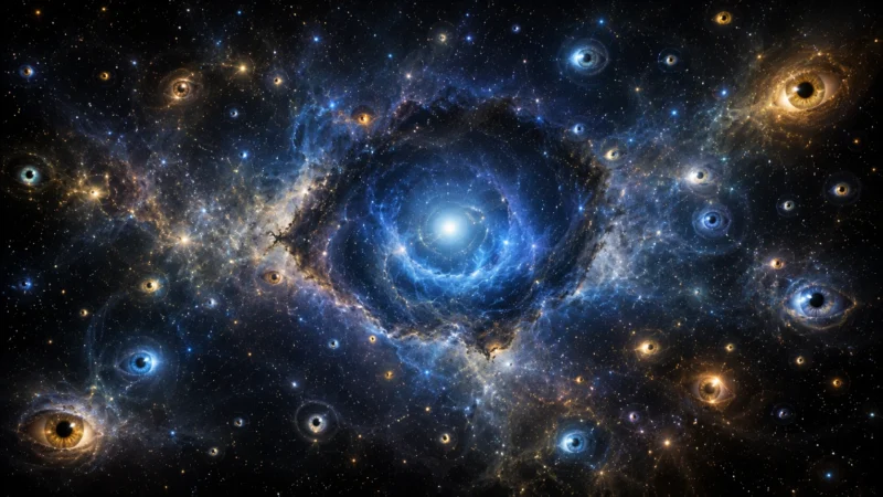 宇宙各地で開く無数の目のAI生成画像（創作画像）