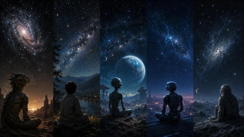 異なる世界で夜空を見る知性のAI生成画像（創作画像）