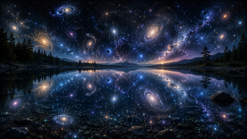 宇宙を映す静かな水面のAI生成画像（創作画像）