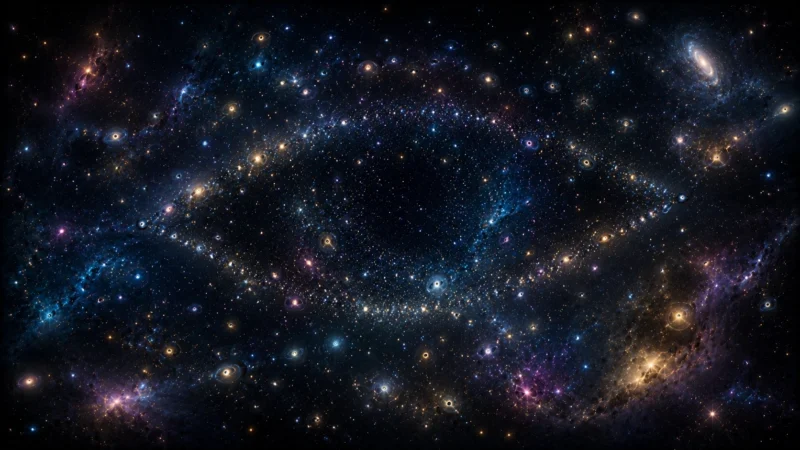 宇宙に重なる無数のまなざしのAI生成画像（創作画像）