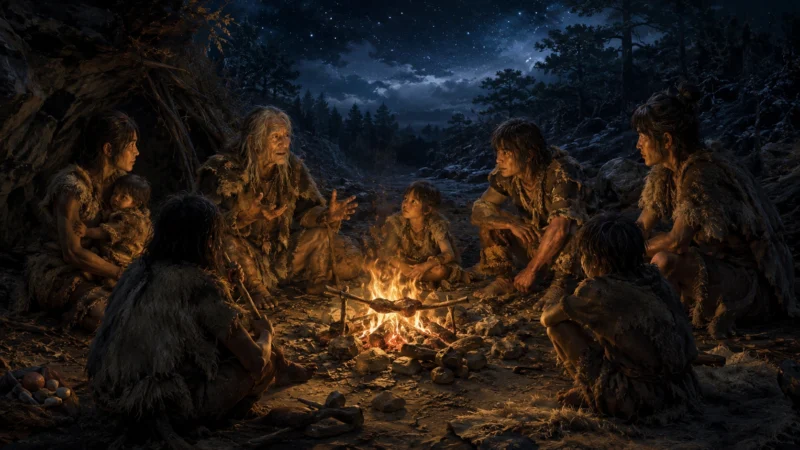 旧石器の夜に火を囲む名もなき人々のAI生成画像（創作画像）