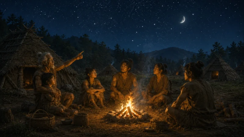季節を告げる夜空を見上げ、老人から子どもへ知恵が受け継がれる縄文人のAI生成画像（創作画像）。
