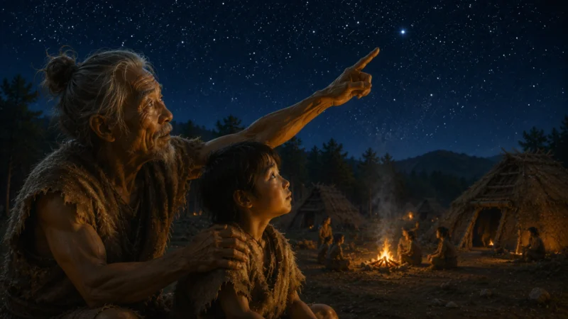 老人から子どもへ、季節を読む知恵が夜空を通して受け継がれる縄文人のAI生成画像（創作画像）。