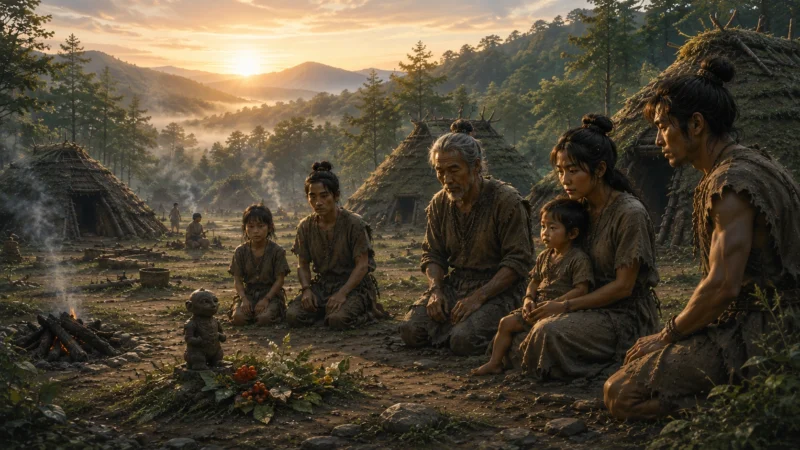 縄文時代の人々が、小さな土偶と自然の供え物を前に、朝の静かな集落で命と自然へ思いを寄せる様子を描いたAI生成画像（創作画像）。