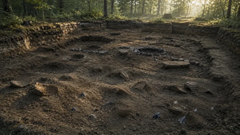 発掘された縄文時代の住居跡に、土器片や石器、黒曜石、炉跡が静かに残るAI生成画像（創作画像）。