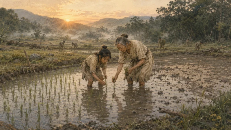 祖母から田植えを教わる少女と弥生時代初期の水田風景のAI生成画像（創作画像）。
