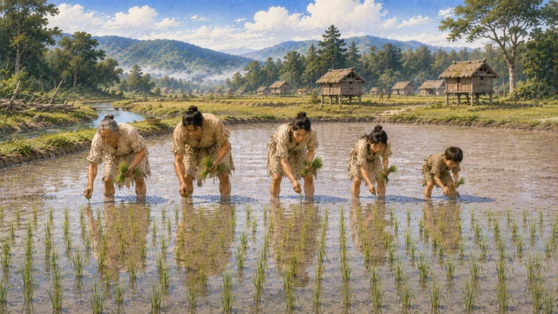 弥生時代前期、人々が力を合わせて田植えを行う共同作業の様子のAI生成画像(創作画像)。