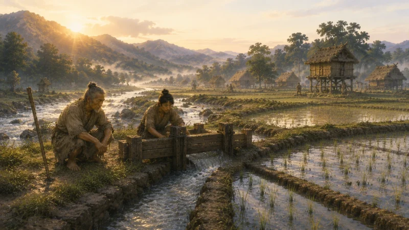 弥生時代前期、山から引いた水を木製の堰で田へ導く人々のAI生成画像（創作画像）。