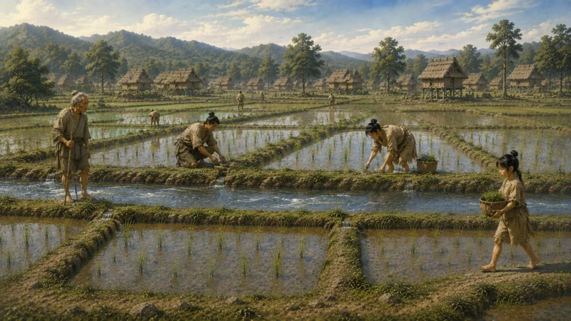一本の水路を皆で守りながら田を潤す弥生時代の人々のAI生成画像（創作画像）。