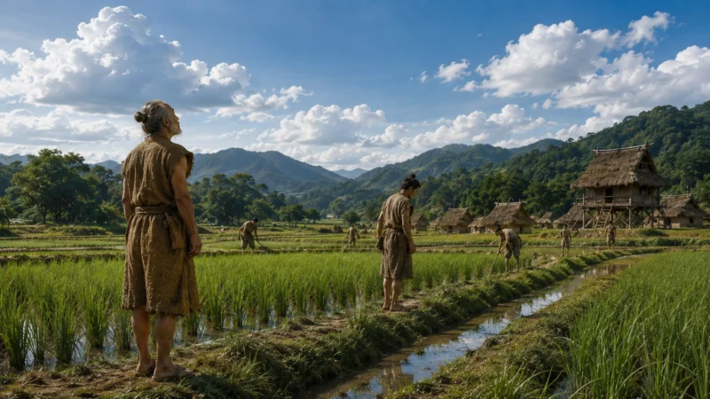 夏の水田で育つ稲と空を見ながら実りを待つ弥生時代の人々のAI生成画像（創作画像）。
