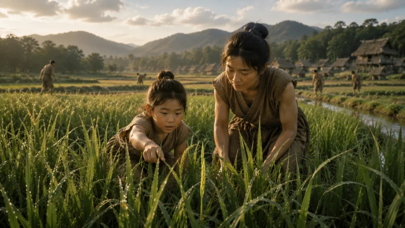 青い水田で初めて現れた稲穂を見つめる弥生時代の子どもと女性のAI生成画像（創作画像）。