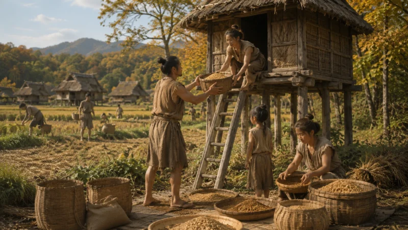 秋に収穫した籾を高床の倉へ運び蓄える弥生時代の人々のAI生成画像（創作画像）