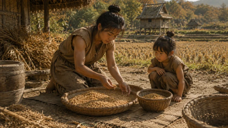 収穫した籾から次の春に使う種籾を取り分ける弥生時代の母と見つめる子どものAI生成画像（創作画像）。