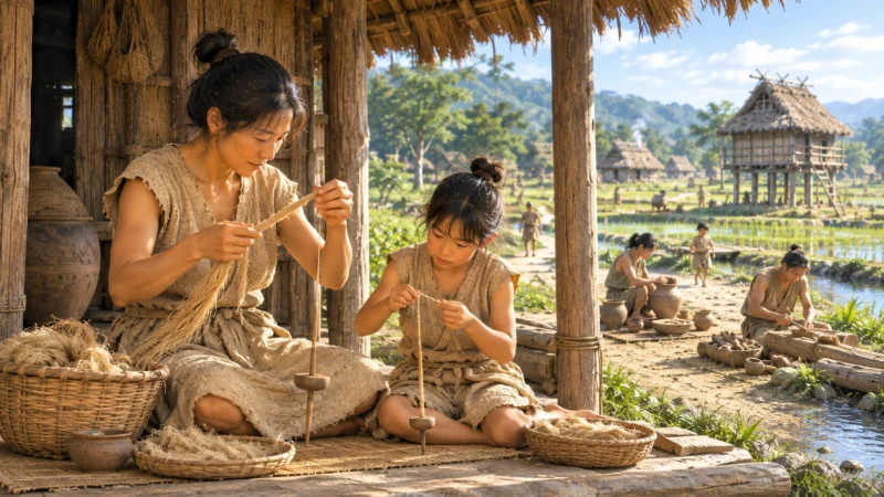 弥生時代の村で大人の手元を見ながら紡錘車で糸を紡ぐことを覚える娘のAI生成画像（創作画像）。