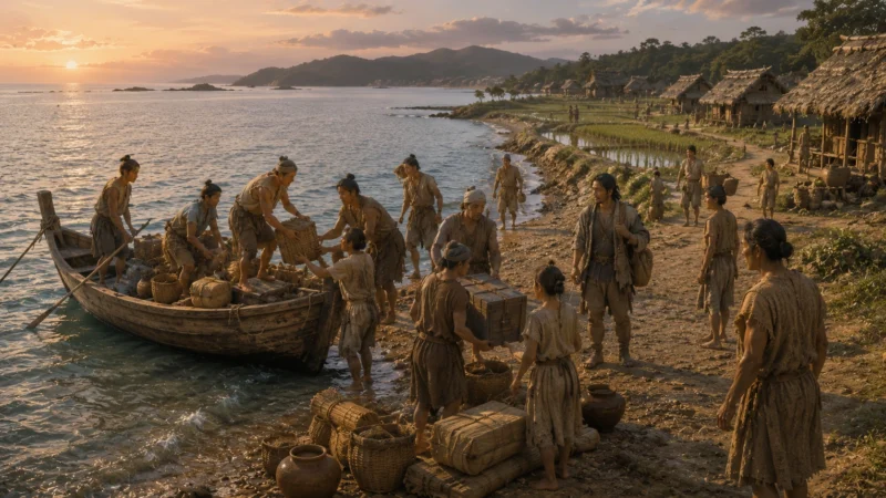 弥生時代の海辺で舟から荷を下ろし海の向こうから来た人を迎える村人たちのAI生成画像（創作画像）。