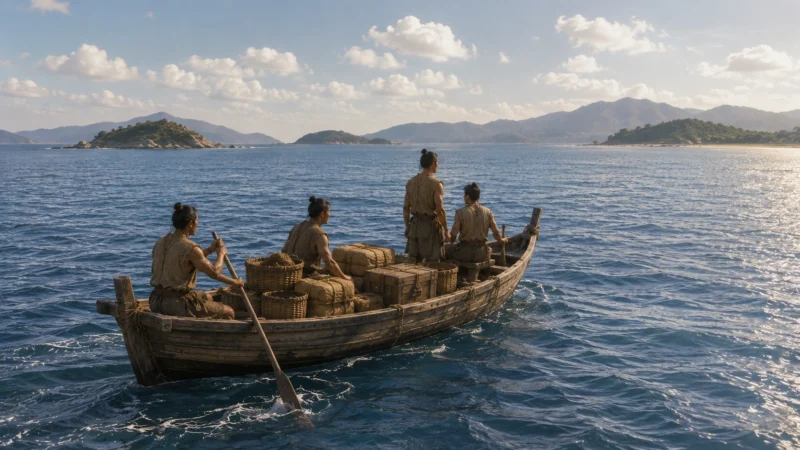 弥生時代の海を荷を積んだ木造舟で渡る名もなき舟人たちのAI生成画像(創作画像)。