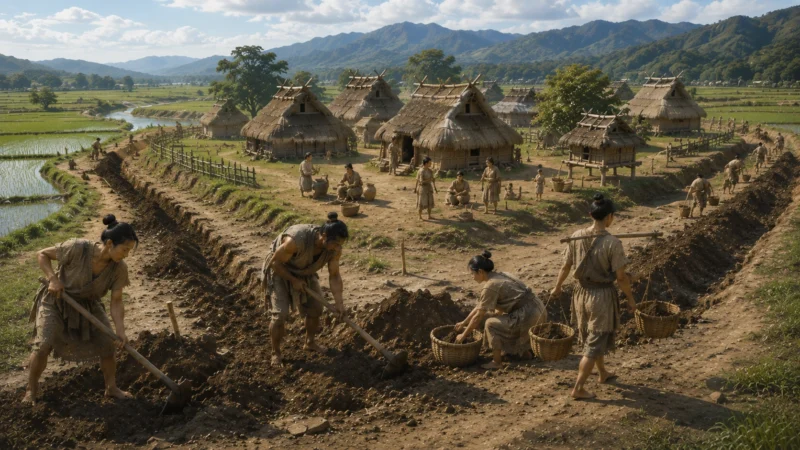 弥生時代の水田に囲まれた集落で村の周囲に濠を掘る人々のAI生成画像（創作画像）。