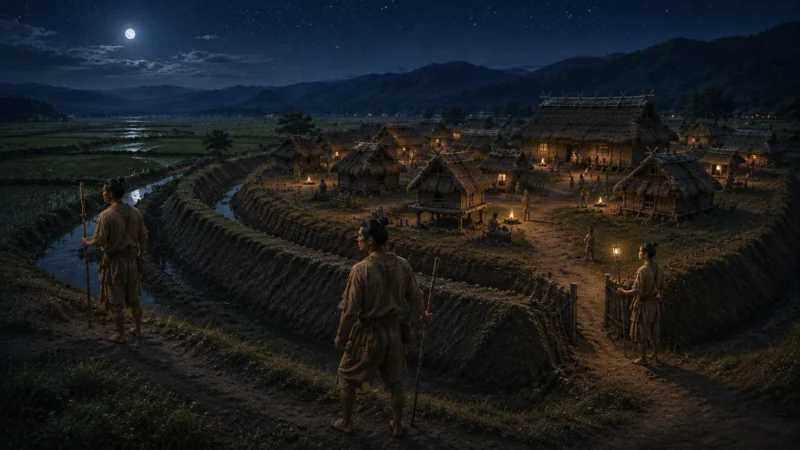 弥生時代の夜、環濠に囲まれた村の周囲で暗い田や入口を見守る複数の生活者のAI生成画像（創作画像）。