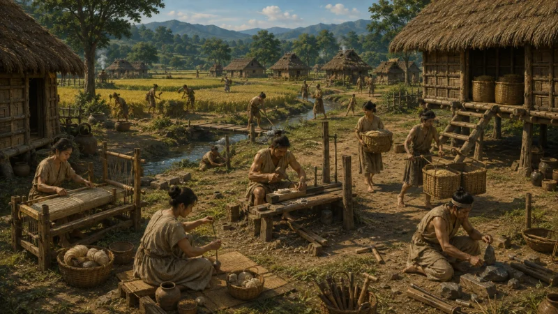 弥生時代の水田に囲まれた村で紡織や木工や道具づくりなど異なる仕事を営む人々のAI生成画像(創作画像)。